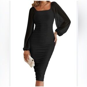 Merokeety Long Sleeve Bodycon Dress, Square Neck, Sheer Sleeves, Black, Size L
